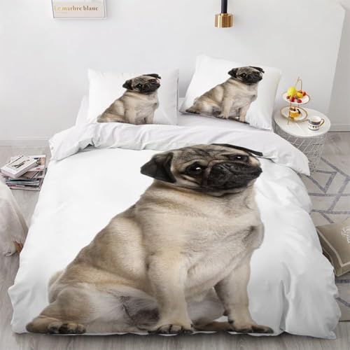 Bettwäsche 155x220 Mops Bettwäsche-Sets Niedliche Tiere Bettbezug mit Reißverschluss 3D Weiche Mikrofaser Bettbezüge mit 2 Kissenbezüge 80x80 cm A-5647