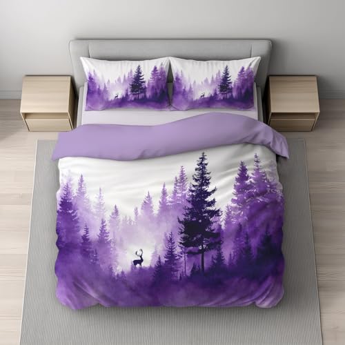 Generisch Schrumpf Bettwäsche 200x200 - Lavendelviolett Weißbügelfrei Bettwäsche-Sets-Bettbezu g 200x200 +Kissenbezüge 50x80- für Allergiker geeignet -Aquarell Wald Hirsch