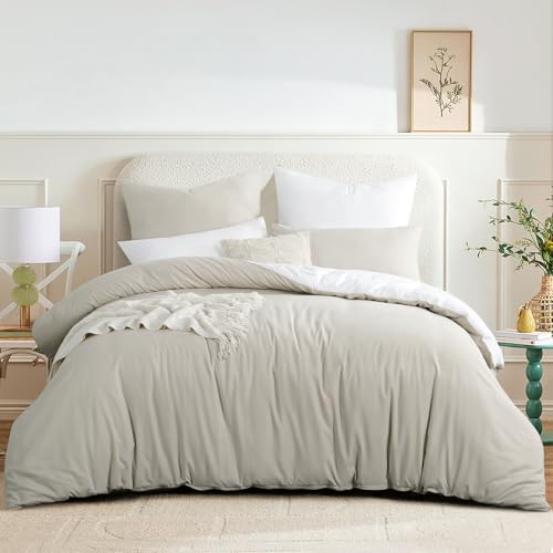 RUIKASI Bettwäsche 220x240 Beige Weiß 3teilig - Wendebettwäsche Bettbezug 220 x 240 mit Reißverschluss, Oeko-TEX Mikrofaser Bettwäsche Sets, Weich und Bügelfrei