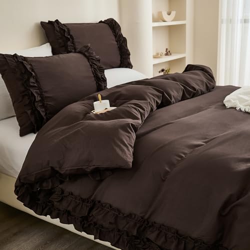 Herside Braunes Rüschen-Bettwäsche-Set Landhaus-Chic Bettbezug-Set Ganzjahres-Bettwäsche Einzelbettgröße 135x200cm Bettbezug-Set für Mädchen und Teenager