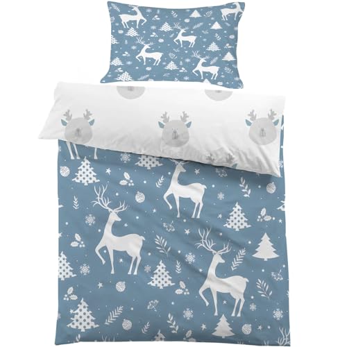 PNHCL Bettwäsche 135x200 Kinder Tierischer Elch Bettbezug und 2 Kissenbezug 80x80 cm, Weihnachtsbaum Bettwäsche-Sets mit Reißverschluss - Weiche Mikrofaser Kinderbettwäsche für Mädchen und Jungen