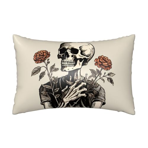 Satin-Kissenbezug, Skelett-Rose, seidige Kissenbezüge für Haar und Haut, mit Reißverschluss, Geister, Totenkopf, kühlender Kissenbezug für Bettwäsche, Wohnzimmer, Sofa, 50 x 75 cm