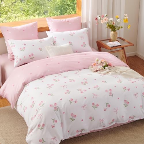 Lanqinglv Bettwäsche 155x220 Rosa Weiß Herzen Wende Bettwäsche Schmetterling Bettbezug Reißverschluss 1 Kissenbezug 80x80,ÖkoTex Bettwäsche für Allergiker Geeignet