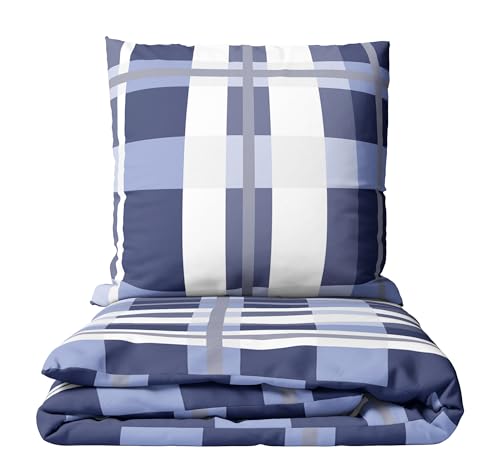 Leonado Vicenti Biber Bettwäsche Set 240x220 cm + Doppelkissenbezug 80x80 cm Gestreift Kariert Blau Weiß Lila Kuschelig Warm Winter Reißverschluss (Blau, 240 x 220 cm)
