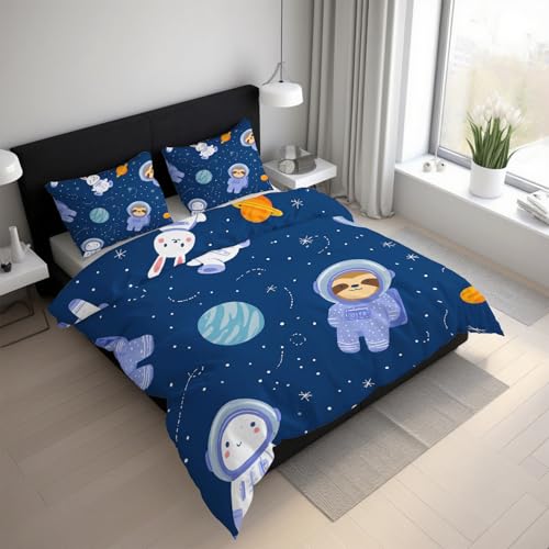 Generisch Bettwäsche 220x240cm Weltraum 3-Teilig, Bettbezug Astronaut Kinder Soft Angenehm Bettwäsche-Sets Mikrofaser, mit Reißverschluss + 2 Kissenbezüge K&27