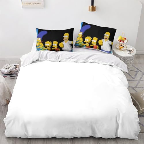 EVMILA Die Simpsons Für Kinder Mädchen Jungen Bettwäschegarnitur Bettbezug Set 3D Gedruckter Weich Microfaser Reissverschluss Und Kissenbezüge Bettwäsche 3 Teilig Double?200x200cm?