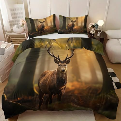 3D Bettwäsche 155x220cm Bettbezug-Set-Hirsch + Kissenbezug 80x80 cm Wendebettwäsche 3 Teilig mit Reißveschluss-Waldtiere