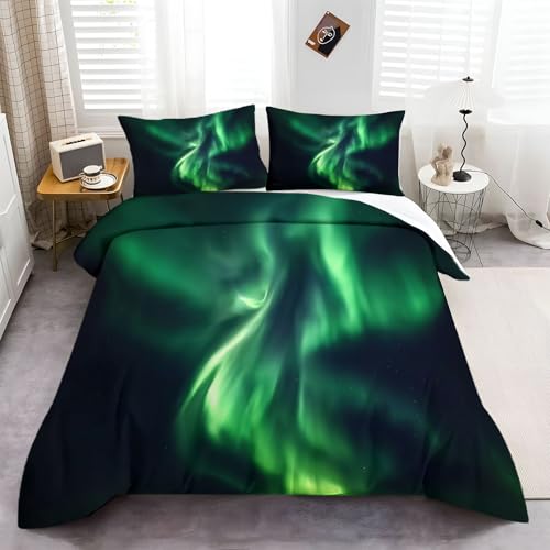 CozyRest Bettwäsche Isländisches Nordlicht 135x200 cm 3 teilig Bettbezug Set mit Kissenbezüge, Bettwäsche-Sets Mikrofaser mit Reißverschluss Weich und Atmungsaktiv Bügelfrei