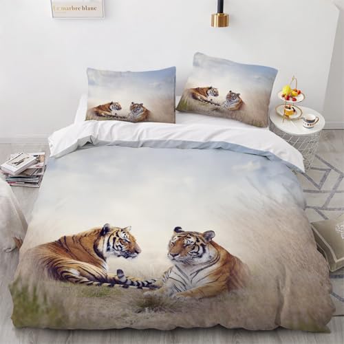 Generisch 3D Tiger Bettwäsche 155x220 cm 3teilig Tiger Bettbezug mit Reißverschluss 100% Mikrofaser Leicht Atmungsaktive Bettwaren Set mit 2 Kissenbezüge 50x75?Muster 28-18?