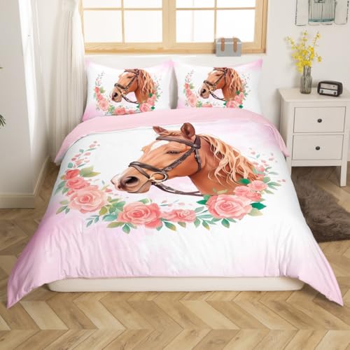 Loussiesd Pferd Bettwäsche Set 200x200cm Rosa Blumen Drucken Bettbezug Set Mädchen Schlafzimmer Dekor Tiere Thema Betten Set Mikrofaser für Frauen Teens, 2 Kissenbezüge 80x80cm