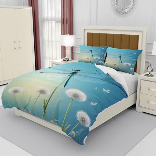 Hongduo 3D Libellen Bettwäsche Set 135x200 cm Weich Mikrofaser Pusteblume Bettwäsche-Set mit Reißverschluss 3 Teilig Bettbezüge mit Kissenbezug 80x80 cm