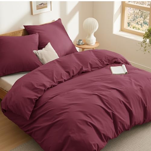 BEDSURE Bettwäsche 155x220 Baumwolle Weinrot - Bettwäsche-Sets 155 x 220 cm Bettbezug 3teilig mit 2 Kissenbezüge 80x80 cm, Oeko-TEX Bedding Rot mit Reißverschluss