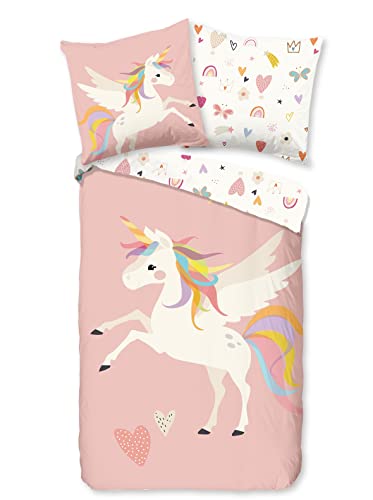 Soma Renforcé Pastell Kinder-Bettwäsche-Set 2 teilig Bettbezug 2tlg 135x200cm 80x80cm (Einhorn rosa weiß)