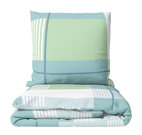 Leonado Vicenti Winter Biber Bettwäsche 200x200 Set flauschig Feinbiber gestreift Grün Petrol Kissenbezug 80x80 cm mit verdecktem Reissverschluss 3teilig