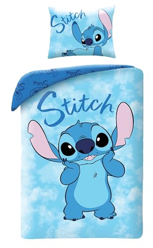 Halantex Lilo und Stitch Disney Kinder-Bettwäsche Set - 140 x 200 cm + Kissenbezug 70 x 90 cm - 100% Baumwolle - Wendebettwäsche Bettzeug Bettbezug mit Reißverschluss