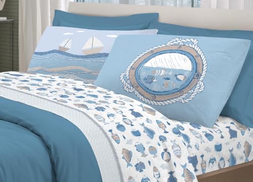 BIANCHERIAWEB Bettwäsche-Set Pensieri Delicati, 100 % Baumwolle, Motiv: Ozean, Einzelbett, weiß