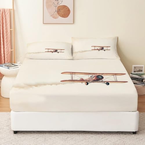 Bedrucktes Spannbettlaken Für Bettwäsche Vintage Flugzeug Flug Mädchen Bettlaken 180 X 200 cm Tiefe Tasche 30 cm Braun Beige Mit 2 Kissenbezügen Pflegeleicht