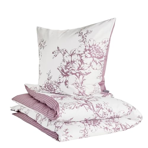 Zeitgeist Ibena Cholet Bettwäsche 135x200 – Baumwoll Bettwäsche Set 2 TLG. Blumen und Streifen rosa weiß, mit Reißverschluss 1x 135x200 + 1x 80x80