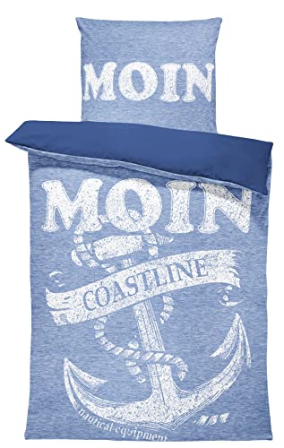one-home Bettwäsche 135x200 cm und 80x80 cm Mikrofaser Garnitur Bettbezug Fotodruck Set, Farbe:Anker Maritim blau, Größe:4 teilig 135x200 cm