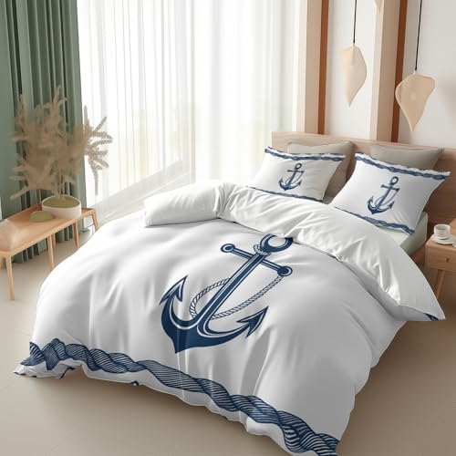 Srigzcaly Blaue Linie Anker 135 X 200 cm Bettwäsche Set Mit Reißverschluss Grau Für Jungen Mädchen Mikrofaser Betten Set, Bettbezug Mit 2 Kissenbezug