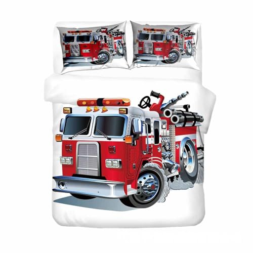 CTQTZ Feuerwehrauto Bettwäsche 200x200 Feuerwehrauto Auto Bettbezug Karikatur Rote Weiche Microfaser Bettbezug