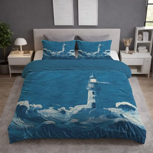 Blau Bettwäsche Set (180 x 200) - Flauschige Bettwäsche - Atmungsaktiv Warm Hautfreundlich - Weiche Bettwäsche - Mit Reißverschluss - Japanisch Manga Leuchtturm Wellen