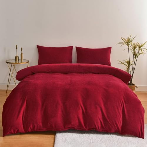 YUTNSAN Flanell Bettwäsche 200x200cm Cashmere Touch Rot Weinrot Winter Flauschig Bettbezug 3 Teilig Kuschelig Warm Plüsch Bettwäsche Set mit Kissenbezug 80x80cm