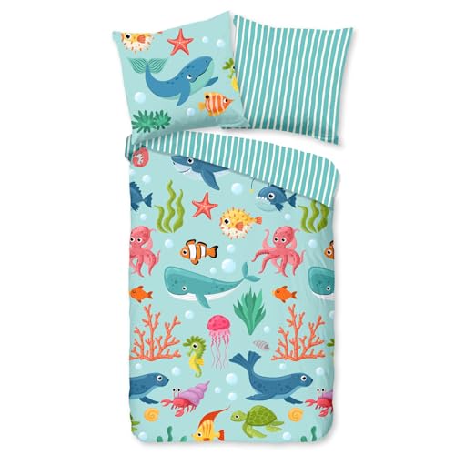 ESPiCO Bettwäsche Trendy Bedding Meereswelt Blau Meerestiere Fische Seestern Streifen Wendeoptik Renforcé, Größe:135 cm x 200 cm