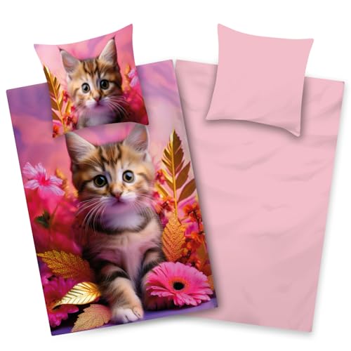 Aminata kids Bettwäsche Katze 135x200 Baumwolle Mädchen | Wende-Kinder-Bettwäsche- Set Katzen-Motiv | Katzenbaby | YKK Reißverschluss pink