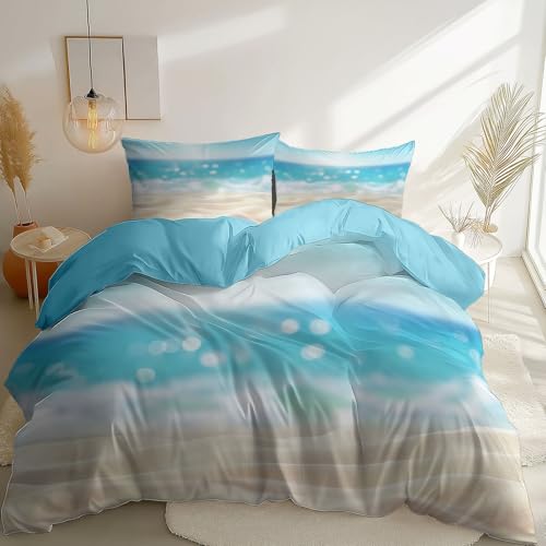 Bettwäsche-Set Reversibel Pflegeleicht 135 x 200 cm, Weiche Atmungsaktiv Mikrofaser Bettbezug Urlaub Am Meer Küste Strand Thema mit Reißverschluss und 2 Kissenbezug 80 x 80 cm, Hellblau