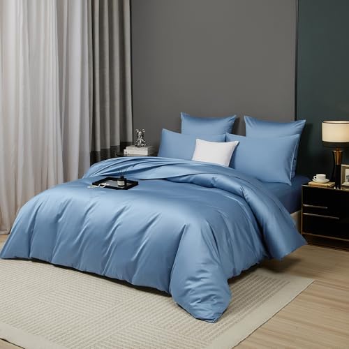 Luofanfei Mako Satin Baumwolle Bettwäsche 220x240 Blau Hellblau Kühlend Glatt Muster Atmungsaktiv Bettwäsche Set Weich und Bügelfrei Uni Bettbezug und 2 Kissenbezüge 80x80cm