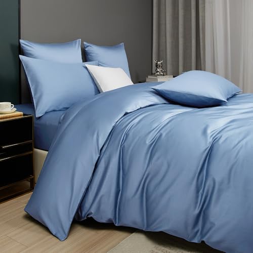 Luofanfei Mako Satin Baumwolle Bettwäsche 135x200 Blau Hellblau Kühlend Glatt Muster Atmungsaktiv Bettwäsche Set Weich und Bügelfrei Uni Bettbezug Einzelbett und Kissenbezug 80x80 cm