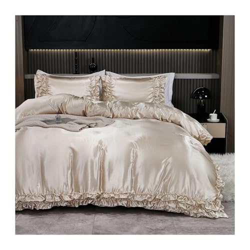 CNYUON 3-teiliges Satin-Bettbezug-Set, Seiden-Bettwäsche-Set, seidiges Rüschenmuster, luxuriöses Bett-Set(Khaki,168x229cm- US-Twin)
