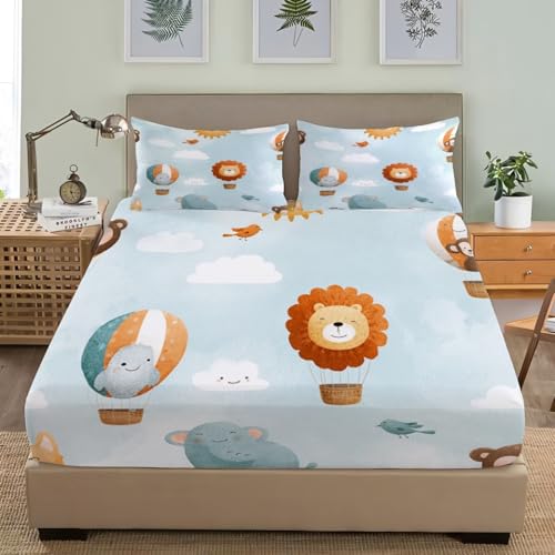 Spannbettlaken Set Niedliches HeißLuftballonmuster Spannbettlaken und 2 Kissenbezüge 80x80cm Kinder Teenager Bettlaken Set Hellblau Weiche Mikrofaser Schlafzimmer-Bettwäsche 90x200 cm