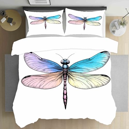 Dppyuxa Tiermotiv Libelle Libelle Bettwäsche 135x200 Weiß Bettwäsche Set 3D Bedruckte Bettbezug Einfache Pflege Kuschelbettwäsche mit Reißverschluss Mikrofaser Bettbezug und 2 Kissenbezug