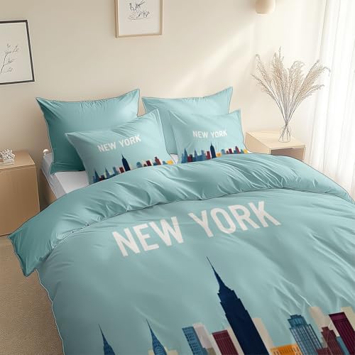 Matt Türkis Bettbezug Stadt Skyline Muster Bettwäsche Set, Weich Bedruckt Bettbezüge 155 x 200 cm Bettwäsche mit Reißverschluss und 2 Kissenbezug für Kinder Jugendliche Erwachsene