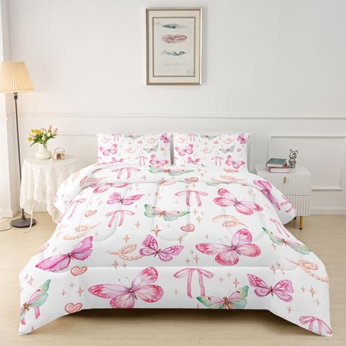 3-teiliges Bettwäsche-Set mit pinker Schleife, Aquarell-Schmetterling, Bettwäsche-Set für Mädchen und Erwachsene, Schlafzimmer- oder Raumdekoration, Ganzjahresdecke, Mikrofaser-Steppdecke mit 2