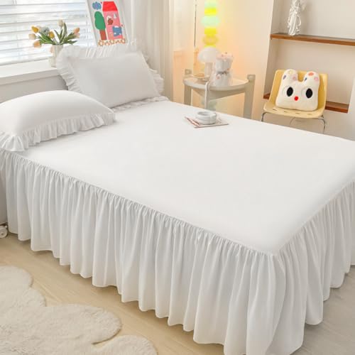 Highdi Betthusse 140x200 Bettrock, Elastische Bettwäsche mit Rüschen, Weiß Baumwolle Bed Skirt Umwickeln mit Elastischem Gürtel - 40 cm Rock – Schrumpffest und Farbecht