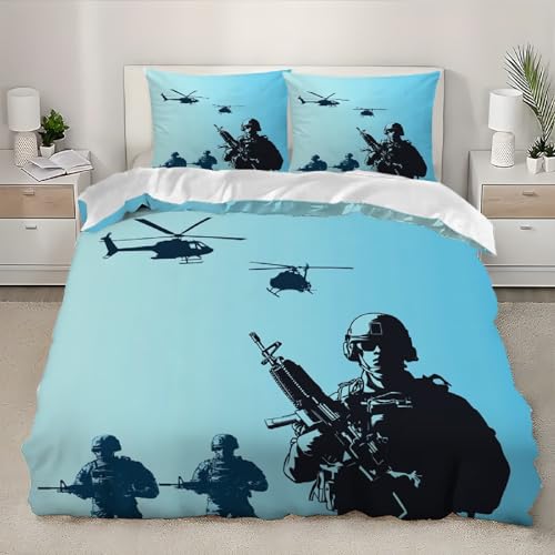 Bettwäschet 135x200 cm 3D Bettbezug Set Microfaser Moderne Armee-Silhouette Bettbezug mit Reißverschluss Weich Hypoallergen Hellblau Bettwäsche-Sets für Kinder Teenager