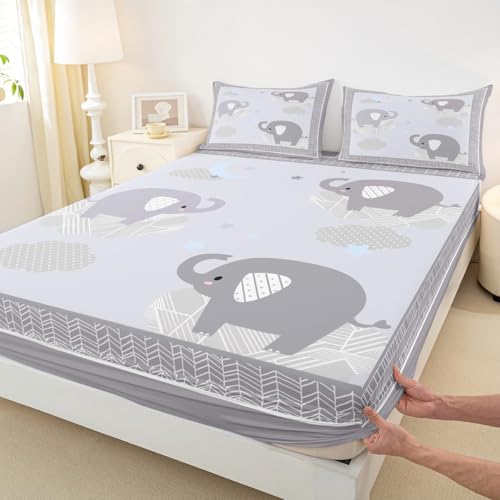Niedliches Elefanten-Bettwäsche-Set für Kinder, volle Größe, Cartoon-Elefant, Bettwäsche-Set, 3-teilig, für Mädchen, Jungen, Teenager, Schlafzimmer, Dekoration, Boho, geometrischer Pfeil, graues