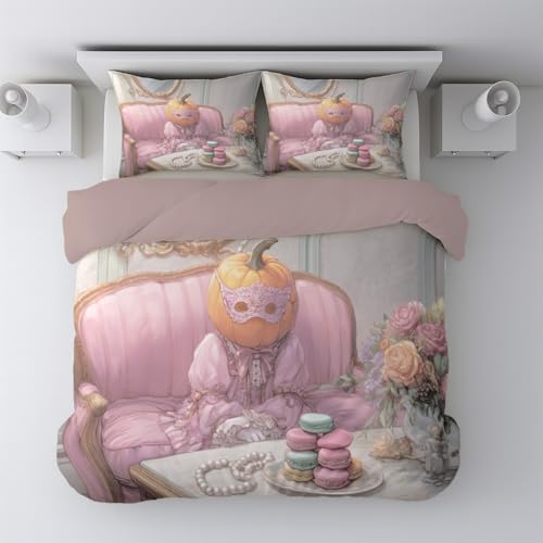 Generisch Halloween Rosa Elegant Kürbis Maske Macaron Bettwäsche-Set Mikrofaser Bettgarnitur Bettbezug Modern Microfibre Single(155 x 220cm