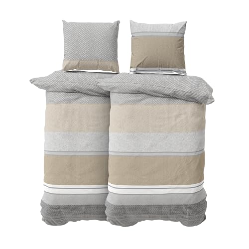DILIOS Premium Bettwäsche 135x200 4-teilig Bettbezug - Bettwäsche-Sets 135x200 cm mit 2x Kissenbezug 80x80 cm, 2x Bettbezug, Atmungsaktive Baumwolle mit Reißverschluss, Bettwäsche Set Grau Braun Beige