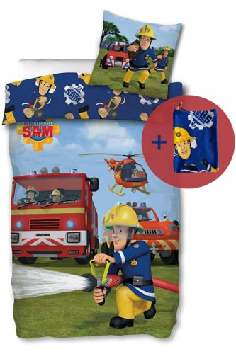 SkyBrands Feuerwehrmann Sam Bettwäsche 135x200 80x80 Kissen-Bezug [mit extra Beutel] Baumwolle Bettwäsche Feuerwehr Kinder Bettwäsche Sam Bettbezug + Kissenbezug