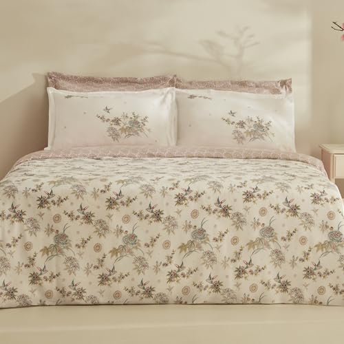 Karaca Home Mency Krep Lyocell Bettwäsche-Set - Bettbezug 200x220 & Bettlaken 240x260 cm & 2X Kissenbezug 50x70, Weiche Bettwäsche 4teilig, Baumwolle, Modern, Sommer Kühlend, Hochwertig - Rosa Indigo