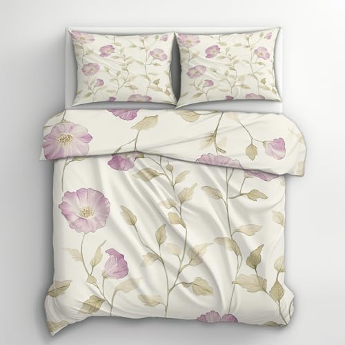 Bettwäsche 155x220 Lila Blumen Wende Motiv 2tlg, Schlafzimmer Deko, Botanisch Landhaus Modern Blumenmuster Bettbezug und 1 Kissenbezug 80x80, Weiche Mikrofaser Deckenbezug mit Reißverschluss -c532