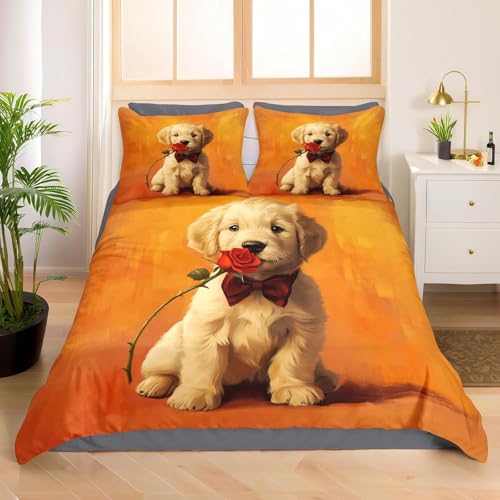 Golden Retriever Welpe Bettwäsche 200x200 Rose Bettbezug 3D Weiche Mikrofaser 3 Teilig Bettwäsche-Sets mit Reißverschluss und 2 Kissenbezüge 80x80 cm für Erwachsene K.11