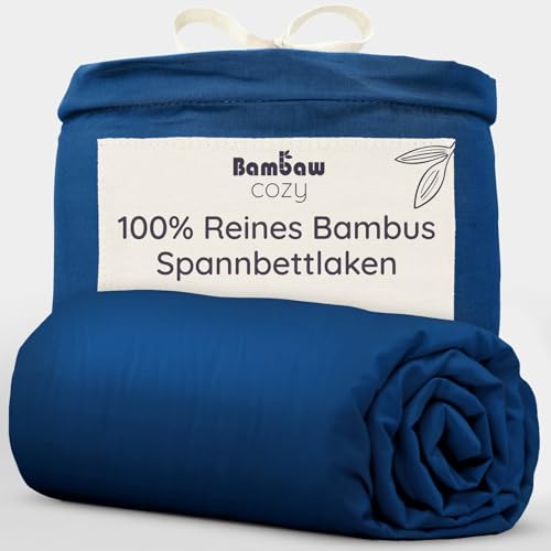 Bambaw Spannbettlaken 90x190 Bambus, 35 cm Steghöhe, nachhaltige und regulierende Spannbetttücher, Bettwäsche kühlend Sommer, Spannbettlaken Allergiker Bambus, atmungsaktive Bettlaken (Marineblau)