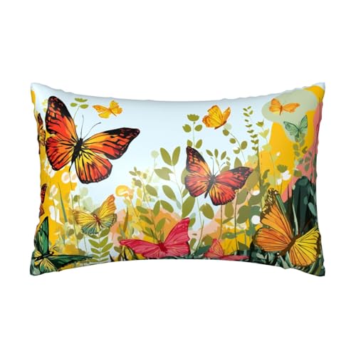 Satin-Kissenbezug, Gartenszene, seidige Kissenbezüge für Haar und Haut, mit Reißverschluss, Wildblumen, Schmetterling, kühlender Kissenbezug für Bettwäsche, Wohnzimmer, Sofa, 50 x 75 cm