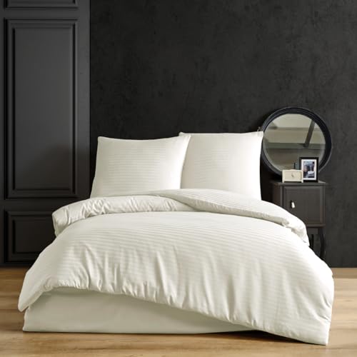 nordqueen Satin gestreift Bettwäsche,100% Baumwolle Bettbezug aus Atmungsaktive -ÖkoTex Zertifiziert Bettwäsche-Set mit Kissenbezug Bettbezug mit Reißverschlus (Creme, 135X200 cm)