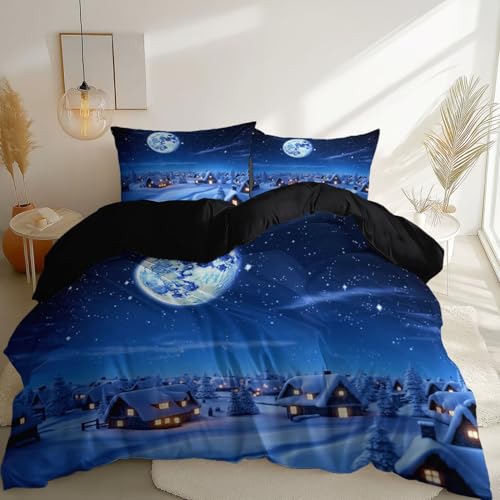 Bettbezug Weihnachten Landhaus Nachthimmel Bedruckter Bettbezüge mit Reißverschluss, Weich und Atmungsaktiv Gebürstete Mikrofaser Schwarz Bettwäsche Set für Männer Frauen 155 x 220 cm
